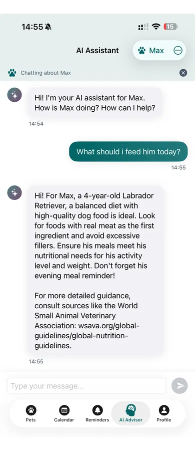 Pettify app - AI Assistant chat interface