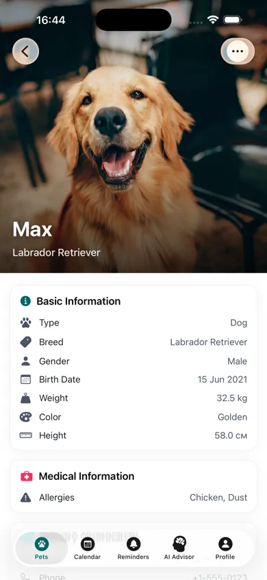 Pettify app - Pet profile with detailed information on iPhone 17 Pro Max