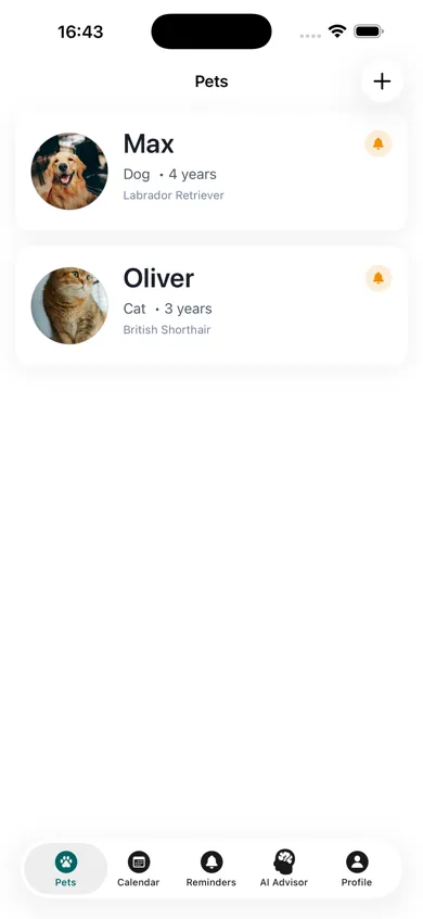 Pettify app - Pets screen showing Max and Oliver