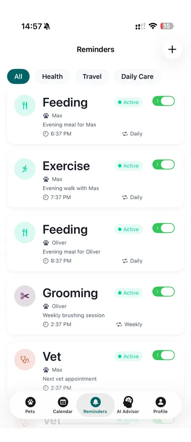 Pettify app - Reminders screen with active notifications