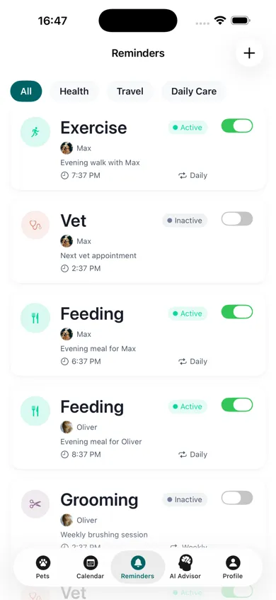 Pettify app - Reminders screen with active notifications